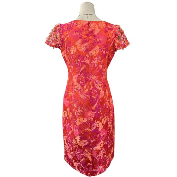 Rickie Freeman Teri Jon Orange Short Sleeve Floral Beaded V-Neck Dress Size 8 - Picture 3 of 10